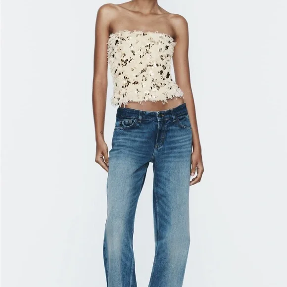 ZARA Sequin Feather Crop Top - Picture 7 of 11